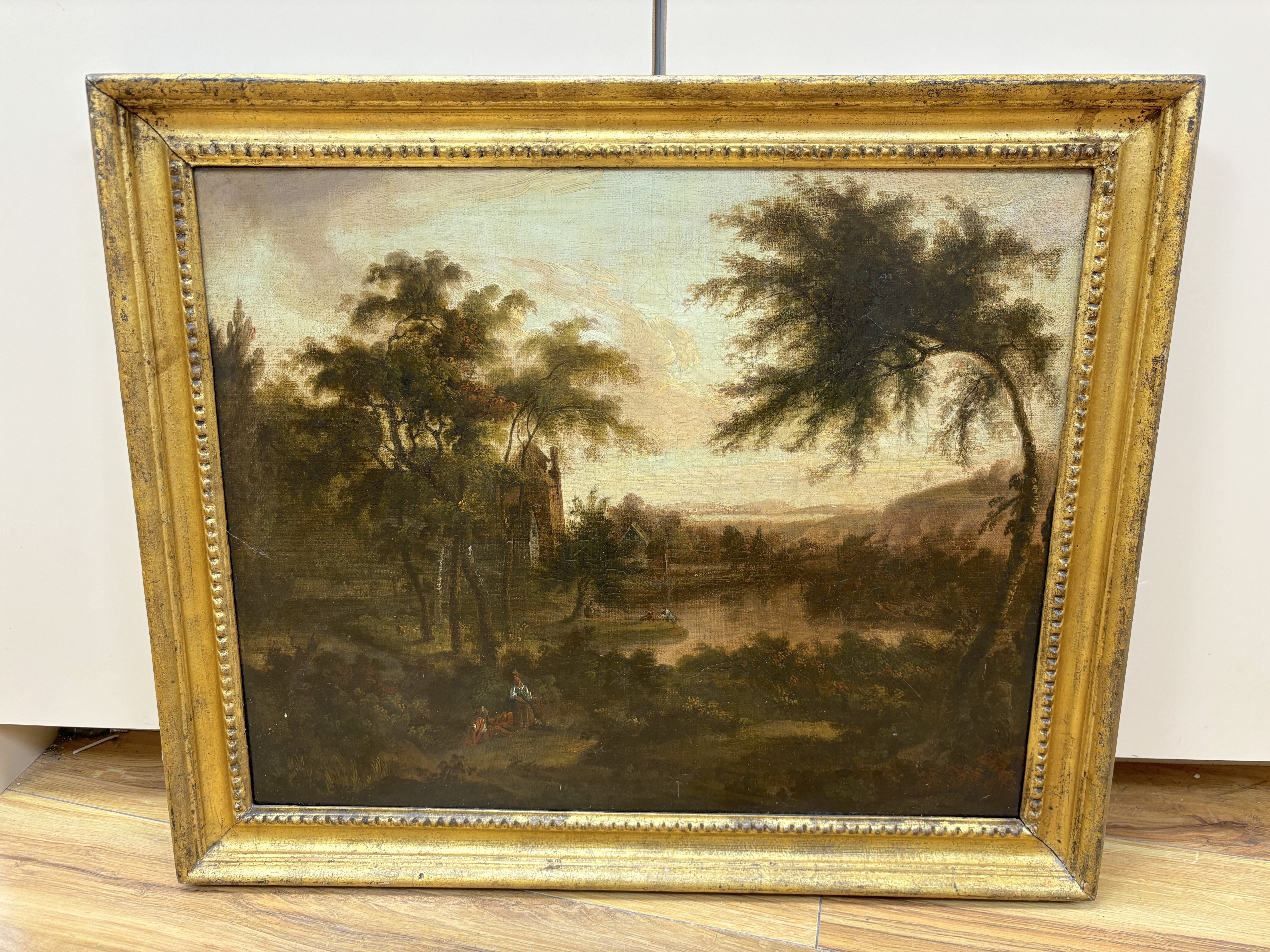 Georgian School, oil on canvas, Extensive landscape with figures, 42 x 52cm, gilt framed